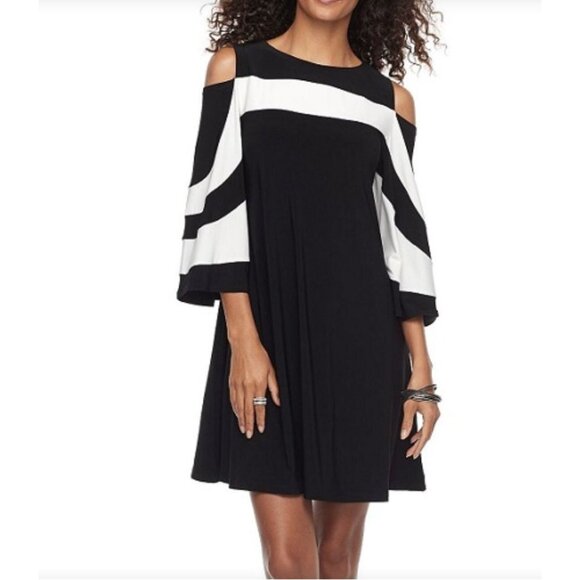 Nina Leonard Black & White‎ Cold Shoulder Dress +Pockets Size 3X 22 24 Plus Size - Picture 1 of 7